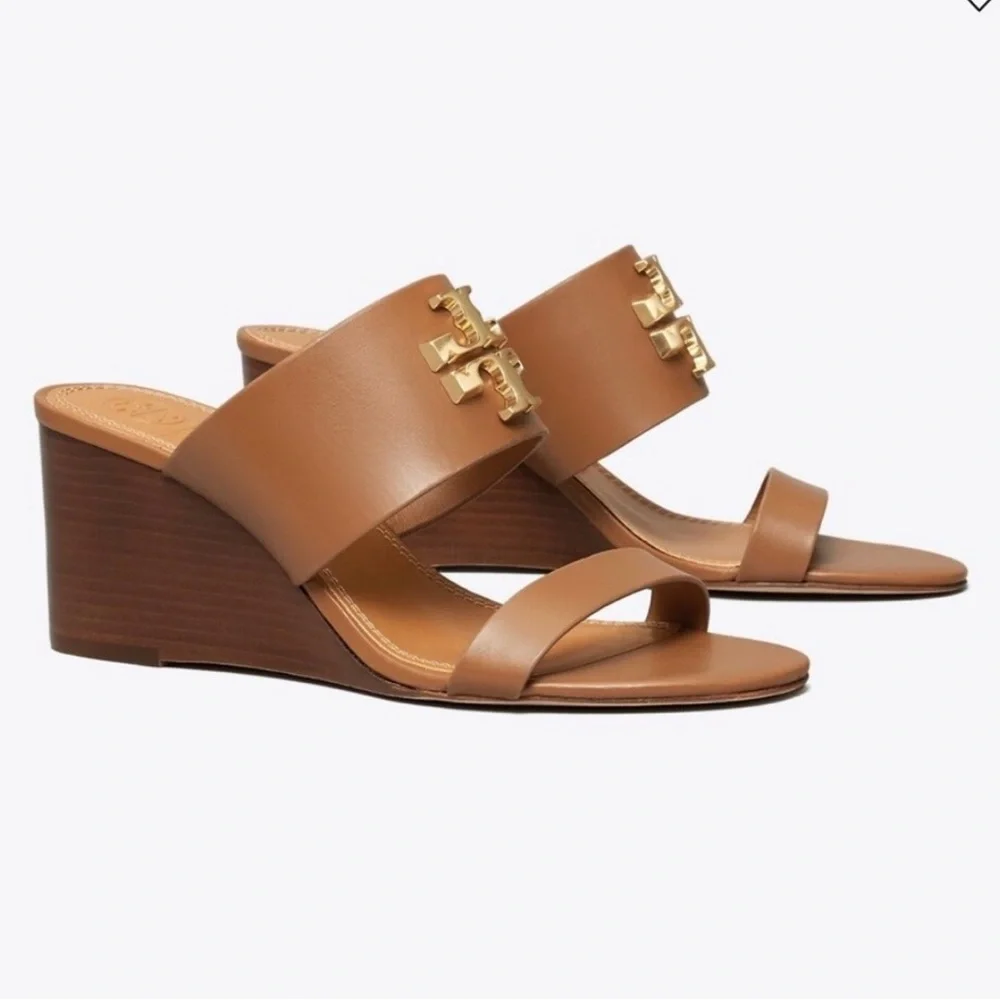 Tory Burch Everly 65mm Sandal Wedge Slides Royal Tan Rolled Brass Logo Women 9.5
